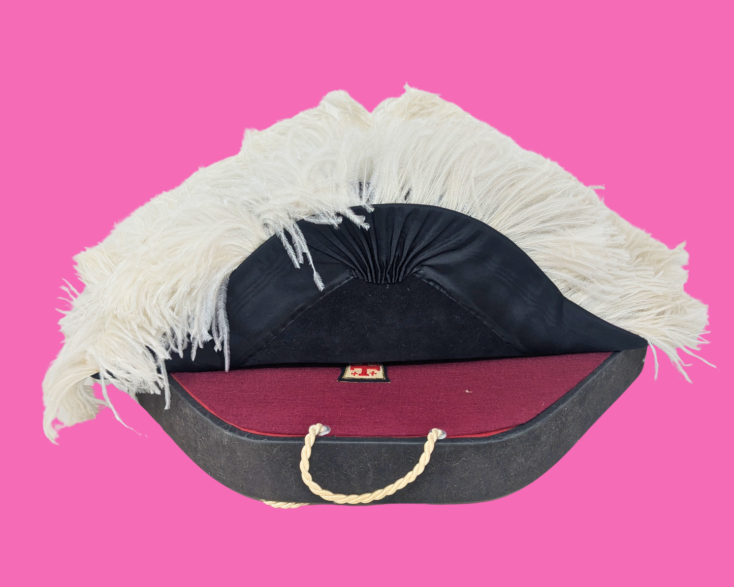 Vintage Les Chevaliers de Colomb Black Hat with Feathers and Original Box