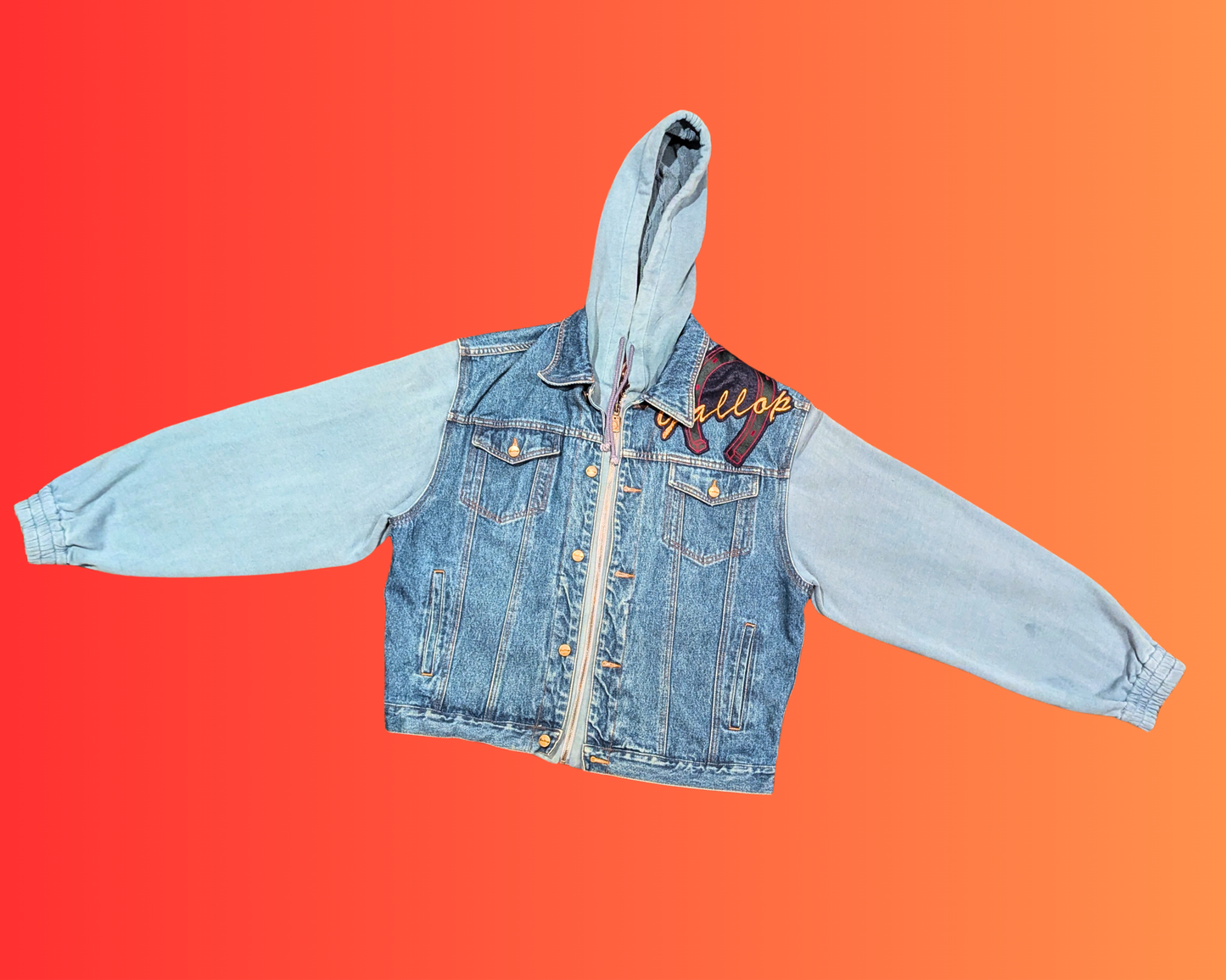 Handmade, Upcycled Bruce Springsteen, Born in the USA Denim Jacket with Hoodie Size XL