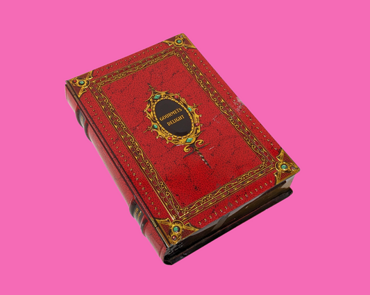 Vintage 1970's Gourmets Delight Red Tin Box, Shaped Like a Book