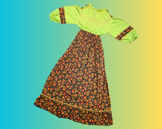 Robe longue vintage des années 1960, vert citron, groovy, fleurie, taille S