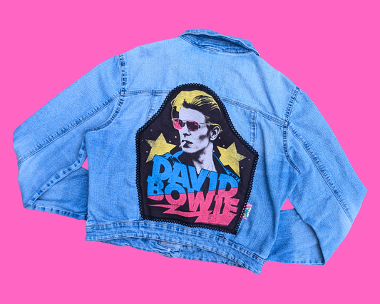 Handmade, Upcycled David Bowie Denim Jacket Size XL