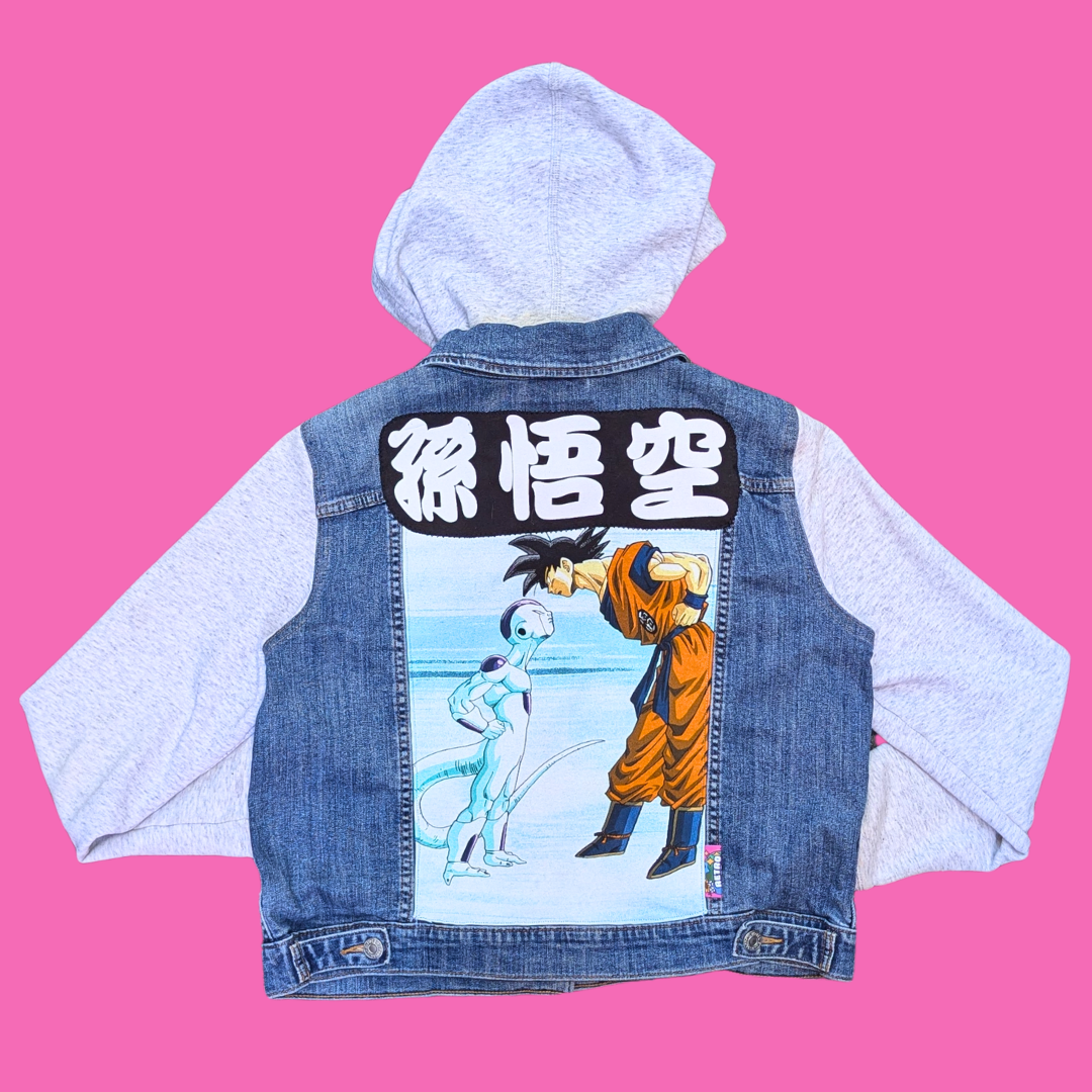 Dragon Ball Z Upcycled T-Shirt Denim Jacket with Hoodie Size XL (smaller fit)