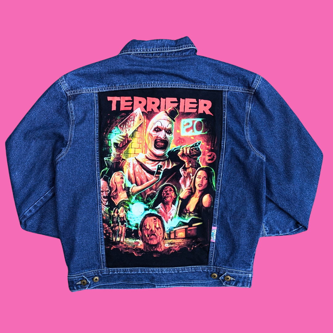 Terrifier Upcycled T-Shirt Denim Jacket Size M for Men (Fits Larger)