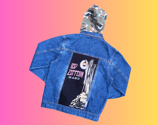 Handmade, Upcycled Led Zeppelin Denim Jacket with Hoodie Size L