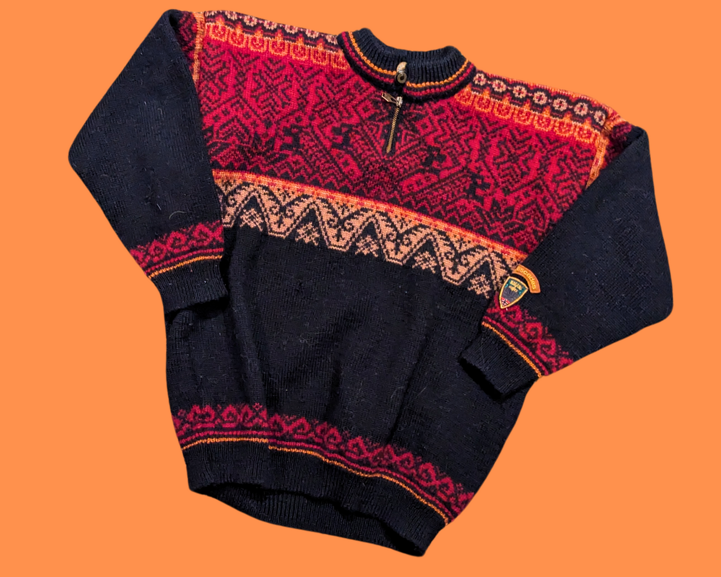 Vintage 1980's Black, Red and Orange Wool Knit Cardigan Size L