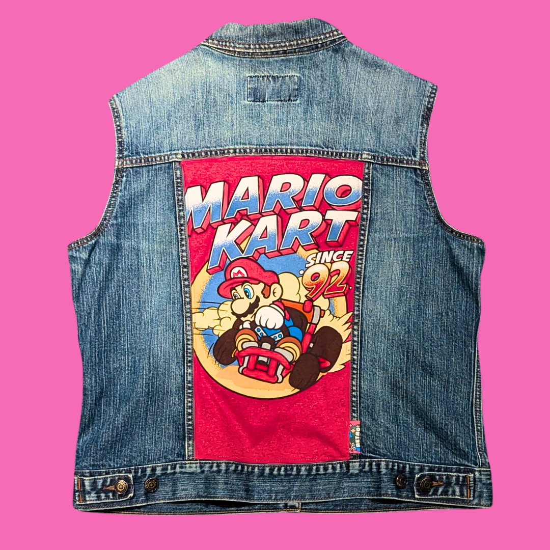 Mario Kart, Nintendo Upcycled T-Shirt Denim Sleeveless Jacket Size XXL (fit smaller)