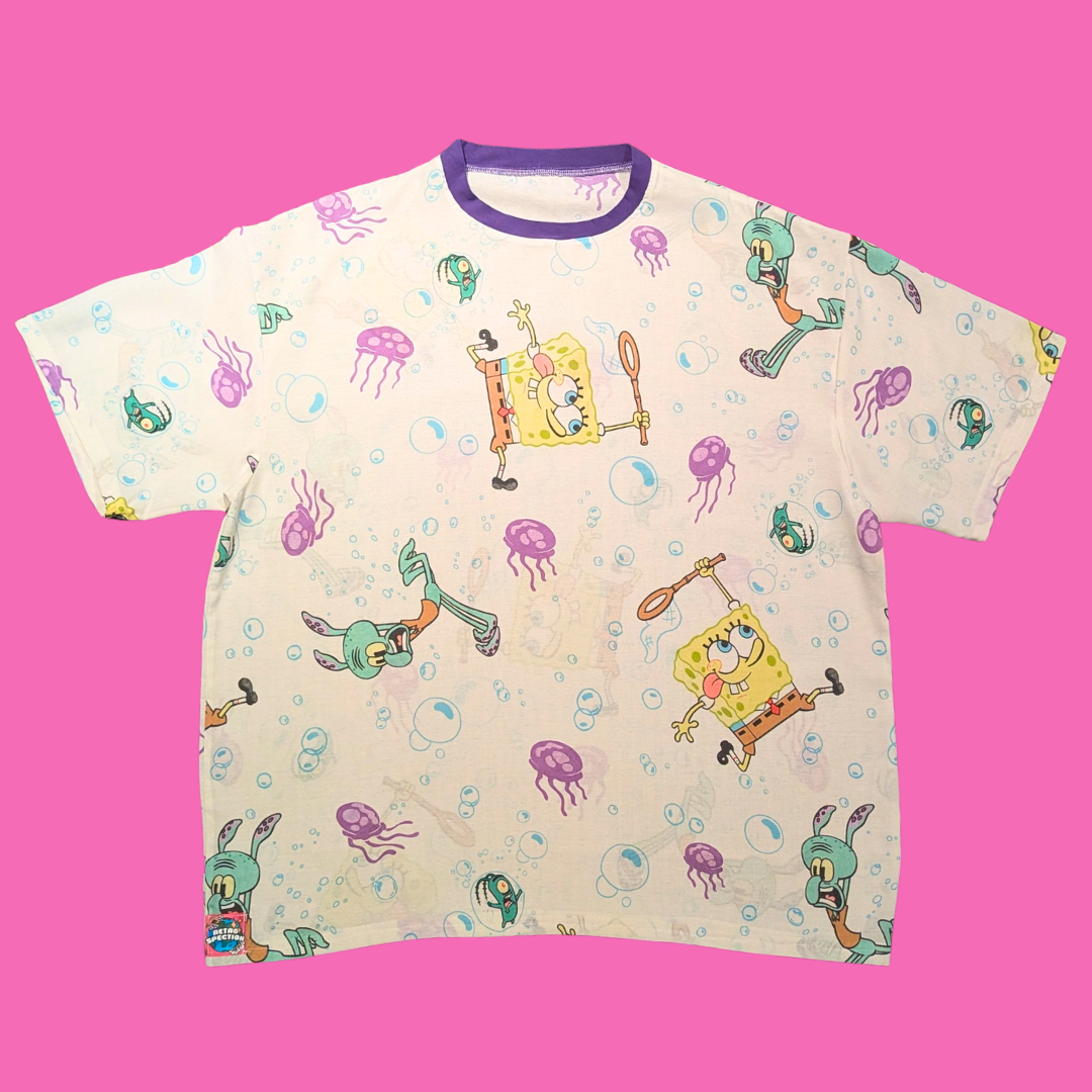 Handmade, Upcycled Sponge Bob Square Pants Bedsheet T-Shirt Oversized L-XL, Fitted 2XL