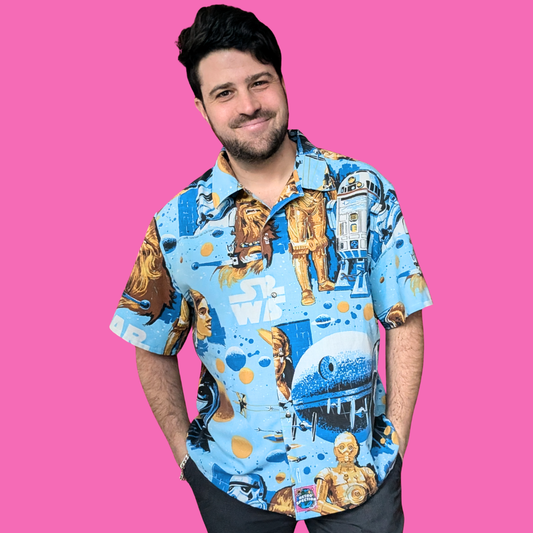 Handmade, Upcycled Vintage Star Wars Bed Sheet Short Sleeve Button Down T-Shirt L