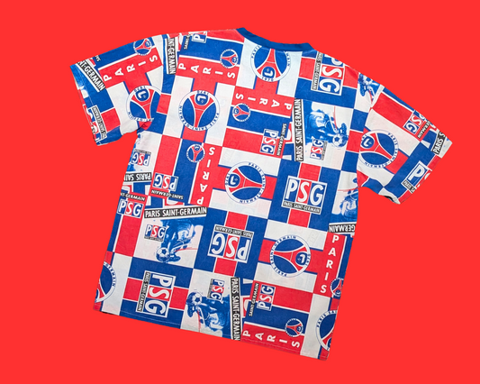 Handmade, Upcycled Vintage Paris Saint-Germain PSG Football Bedsheet T-Shirt Size M