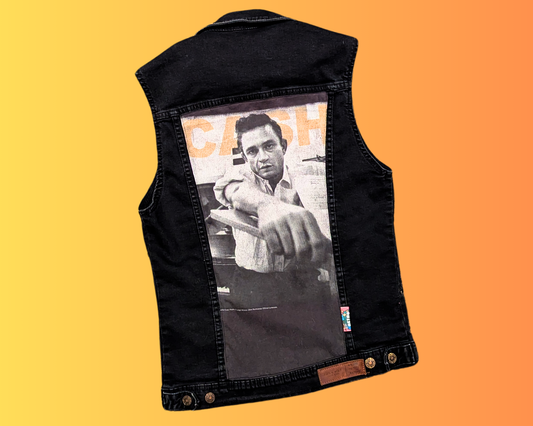 Handmade, Upcycled Johnny Cash Black Denim Sleeveless Jacket Size L