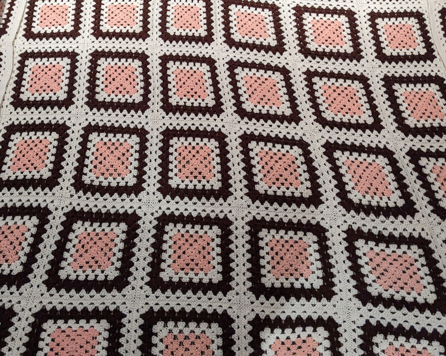 Vintage 1970's Beige, Brown and Pink, Wool Crochet Blanket