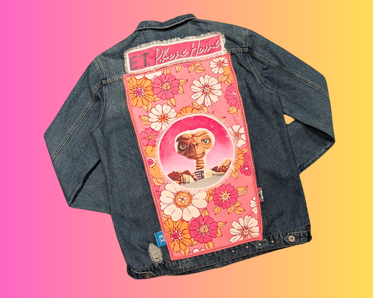 Veste en jean ET l'extraterrestre faite à la main et recyclée, taille XL