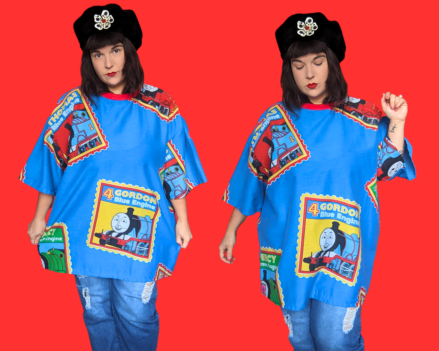Handmade, Upcycled Thomas The Blue Engine Bedsheet T-Shirt Oversized XL