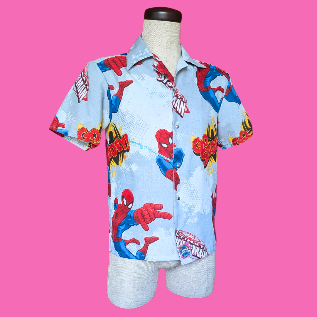 Handmade, Upcycled Spider-Man Bedsheet Button Down Shirt Size XS