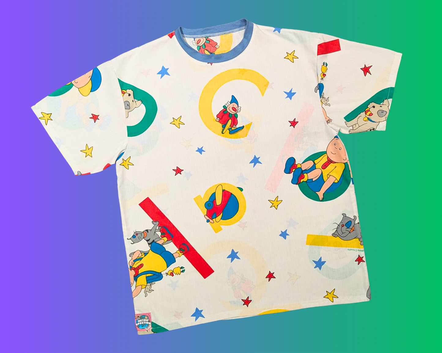 Handmade, Upcycled Vintage Caillou Bedsheet T-Shirt Oversized XS - Fits Like A Size M