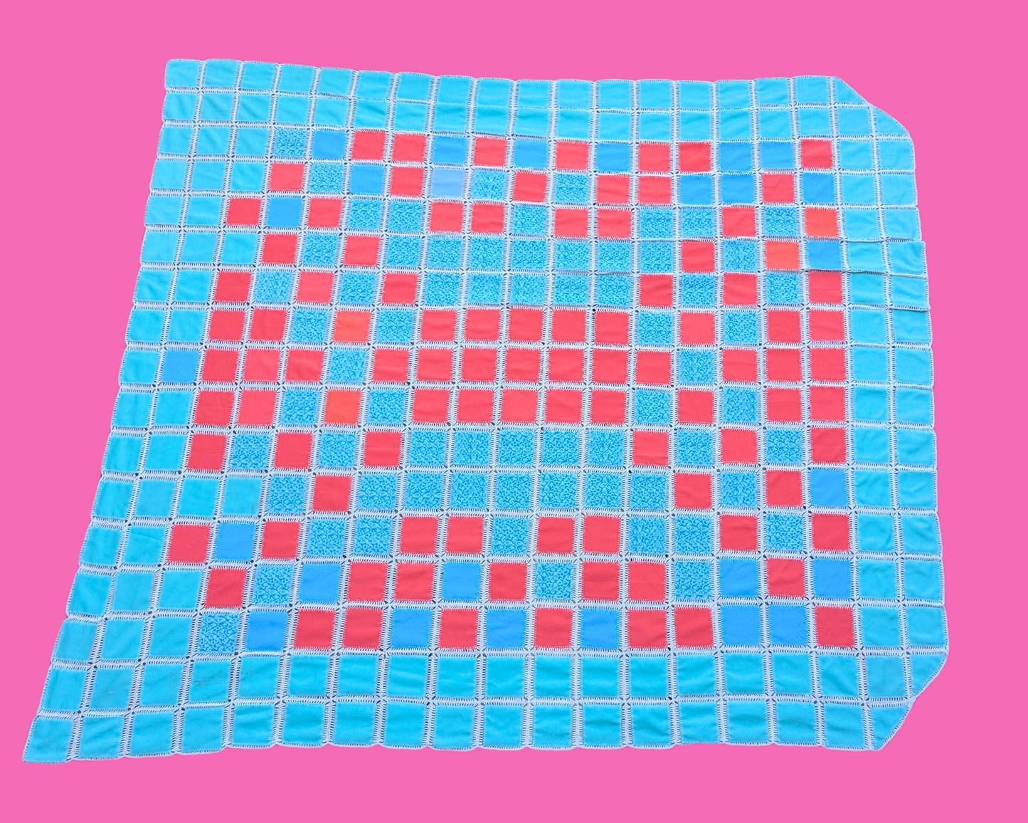 Vintage 1970's Blue and Warm Pink Square Patterned Decorative Blanket