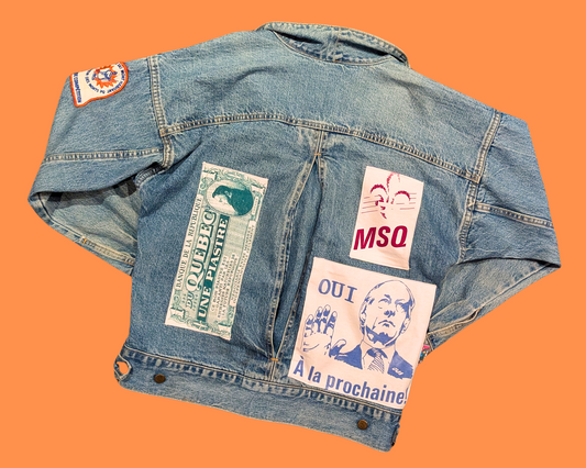 Handmade, Upcycled Québec, René Lévesque Denim Jacket Size S