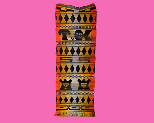 Tapis décoratif mural vintage des années 1970, motif aztèque, orange, jaune, noir et blanc