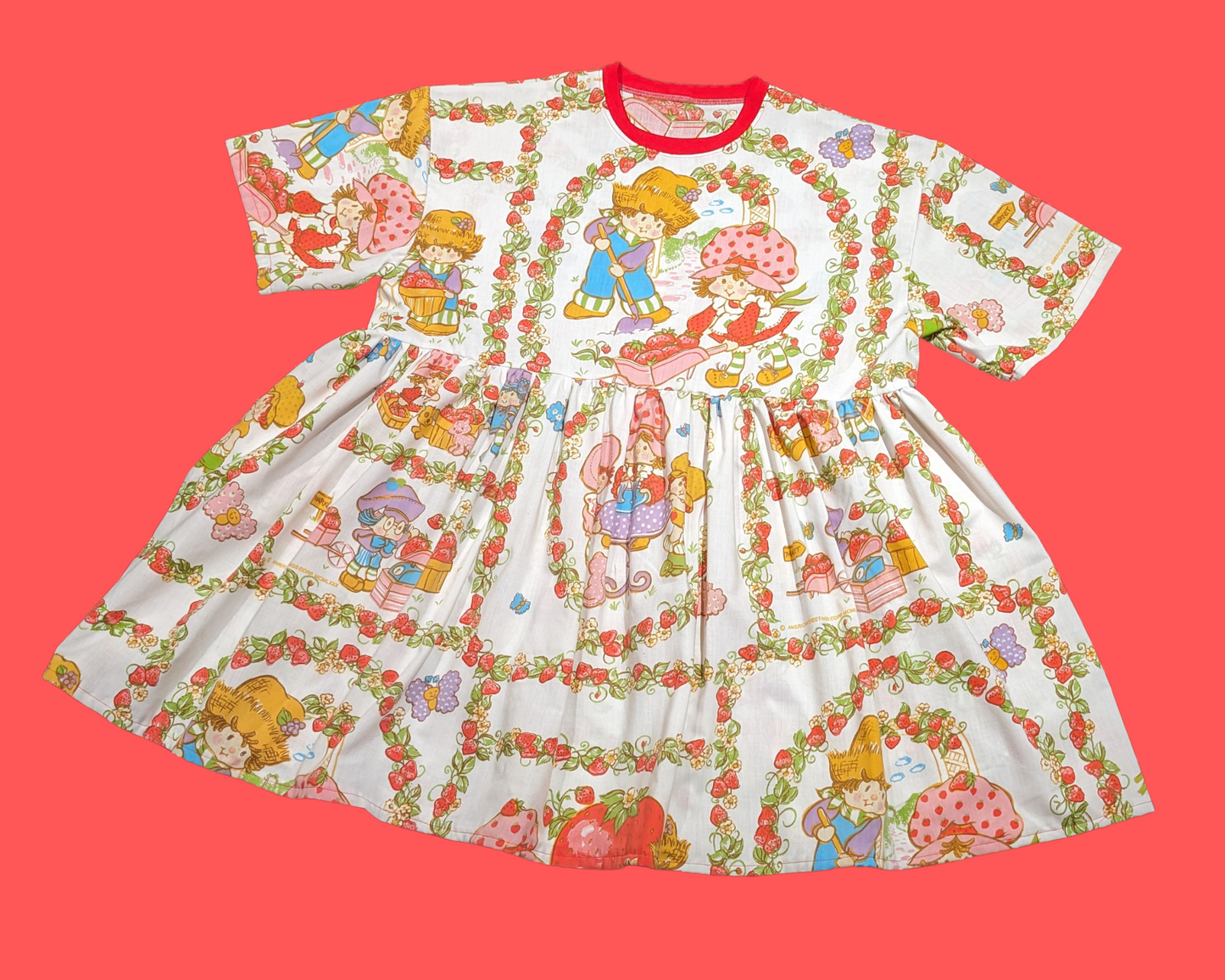 Handmade, Upcycled Strawberry Shortcake Bedsheet T-Shirt Dress Fits 2XL