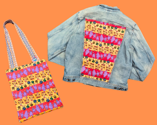 Handmade, Upcycled Denim McDonald's Patterned Fabric Size XL for Women + Matching Tote Bag