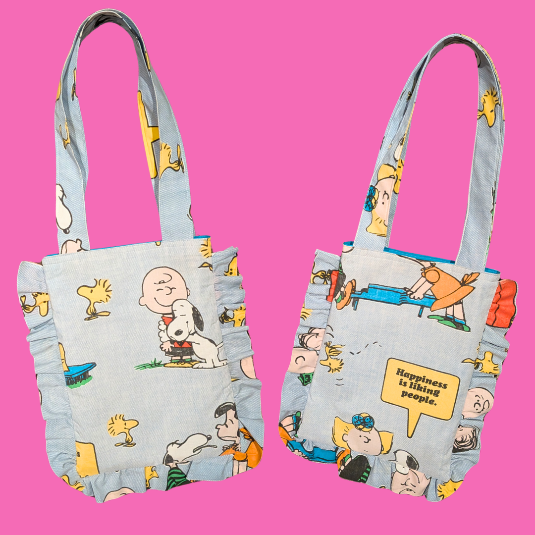 Handmade, Upcycled Peanuts, Snoopy and Charlie Brown Bedsheet Tote Bag