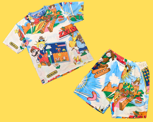 Handmade, Upcycled Vintage 1988 Nintendo, Super Mario Bros and Zelda Bedsheet T-Shirt and Shorts Set Size M