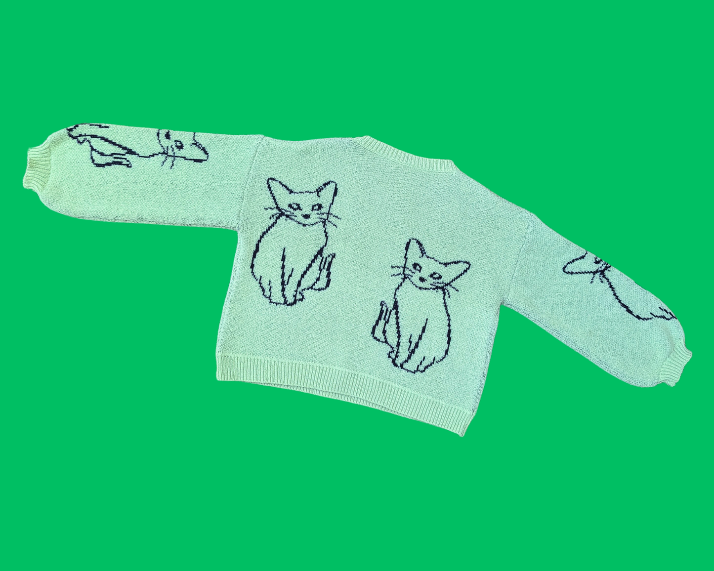Pull vert Y2K, moelleux, motif chat, taille ML
