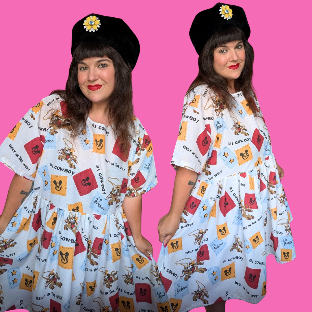 Handmade, Upcycled Disney's Mickey at the Rodeo Bedsheet Dress Fits an Oversized XL or Fitted 2XL