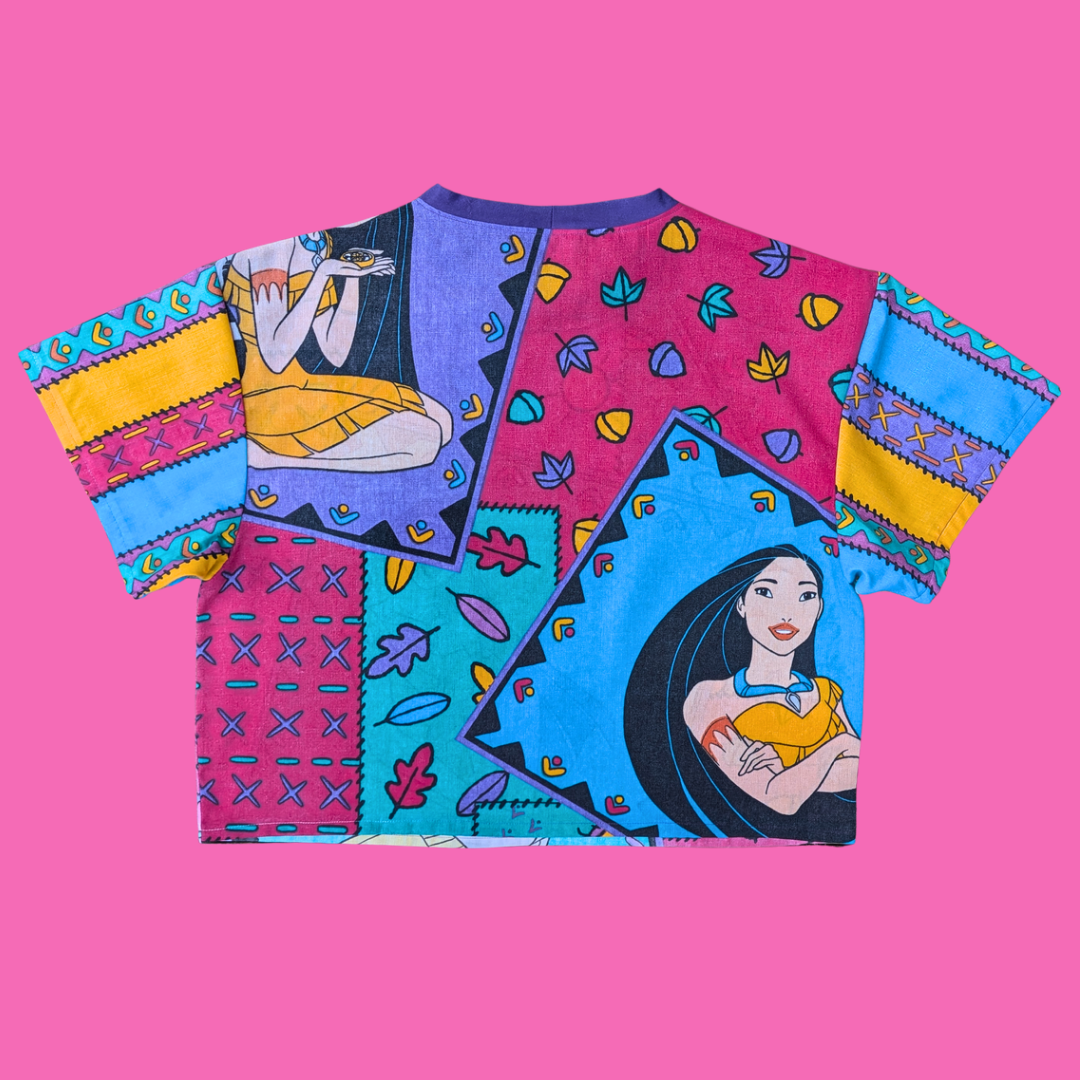 Handmade, Upcycled Disney's Pocahontas Bedsheet T-Shirt Oversized S-M, Fitted L-XL