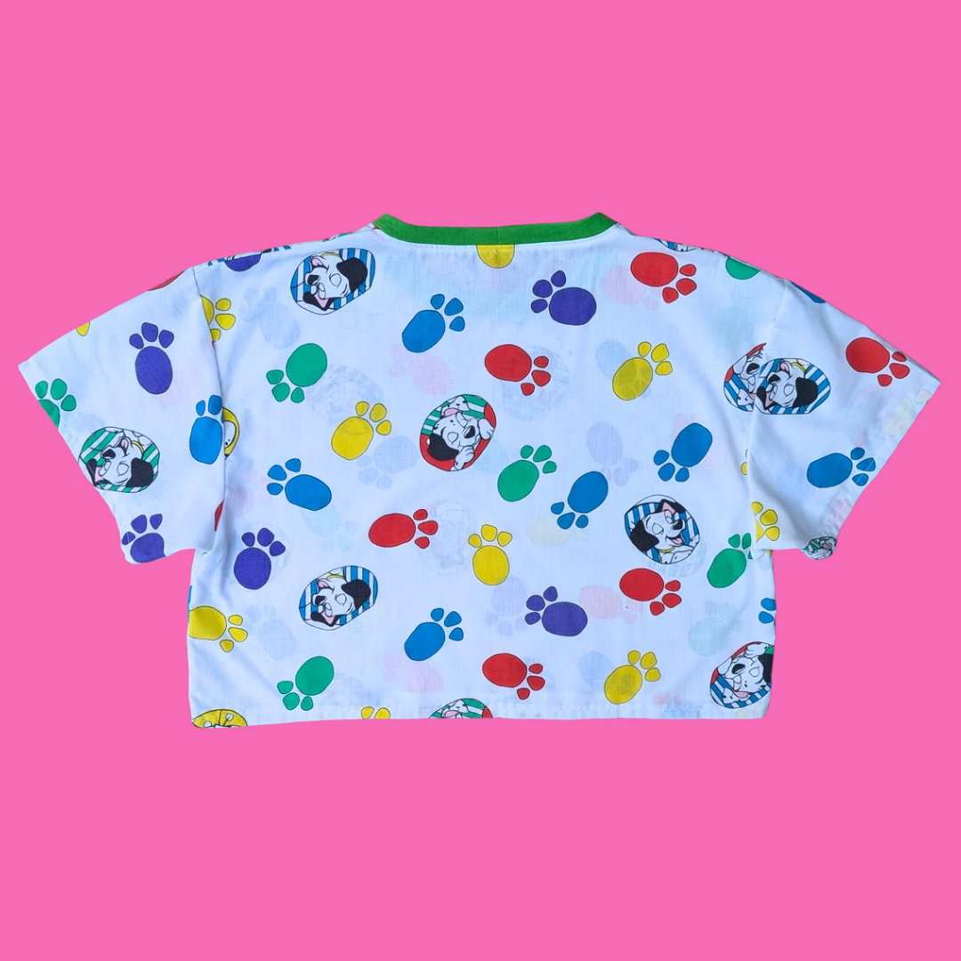 Fait à la main, Haut court upcyclé en drap Les 101 Dalmatiens de Walt Disney Taille S-M ample, L-XL ajusté