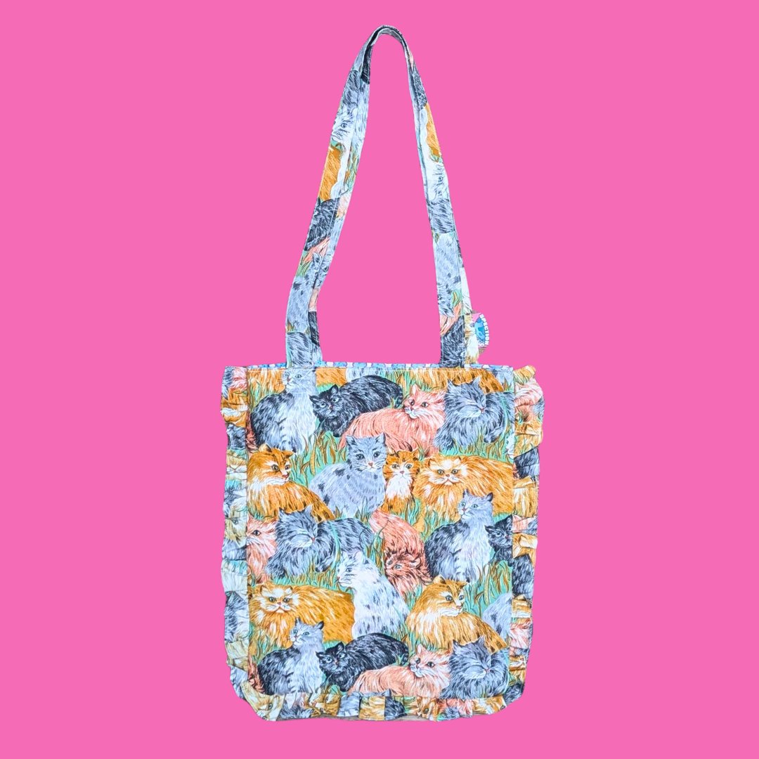 Sac fourre-tout en tissu à motif de chat fait main et recyclé