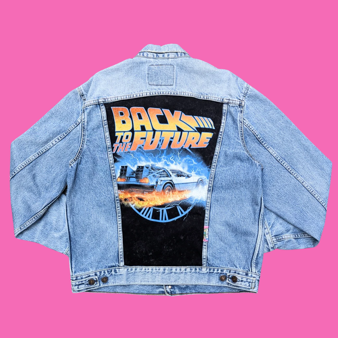 Back to the Future Upcycled T-Shirt Denim Jacket Size L for Men