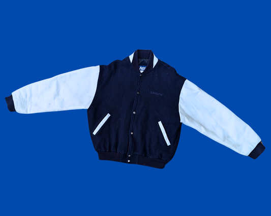 Veste universitaire en cuir noir et blanc vintage des années 1990, taille L, par Astro Wear LTD. Toronto, Canada