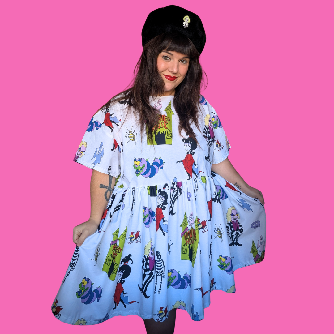 Handmade, Upcycled Beetlejuice Bedsheet Dress Fits an Oversized L-XL or Fitted 2XL