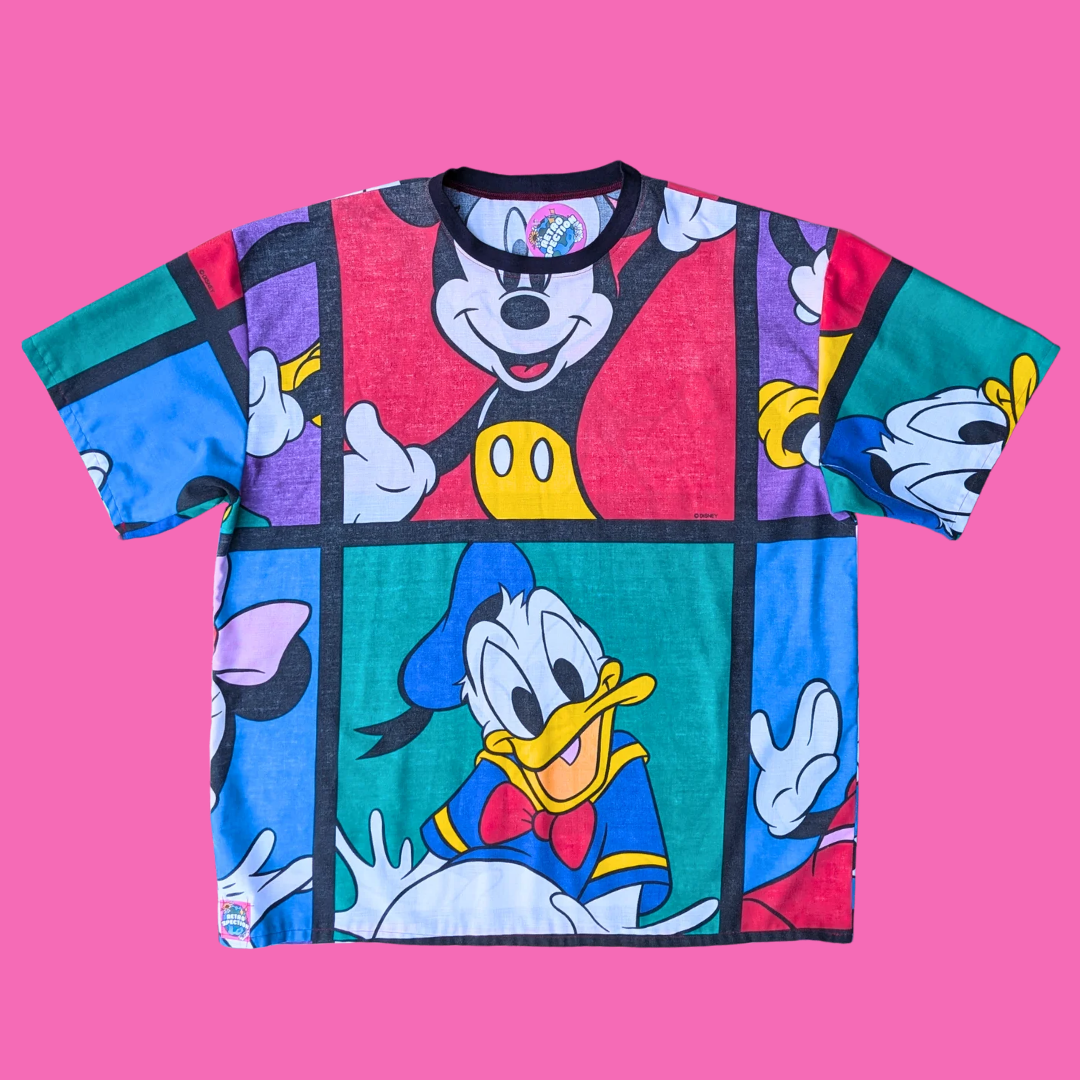 Handmade, Upcycled Walt Disney's Mickey and Friends Bedsheet T-Shirt Oversized XL, Fitted 2XL