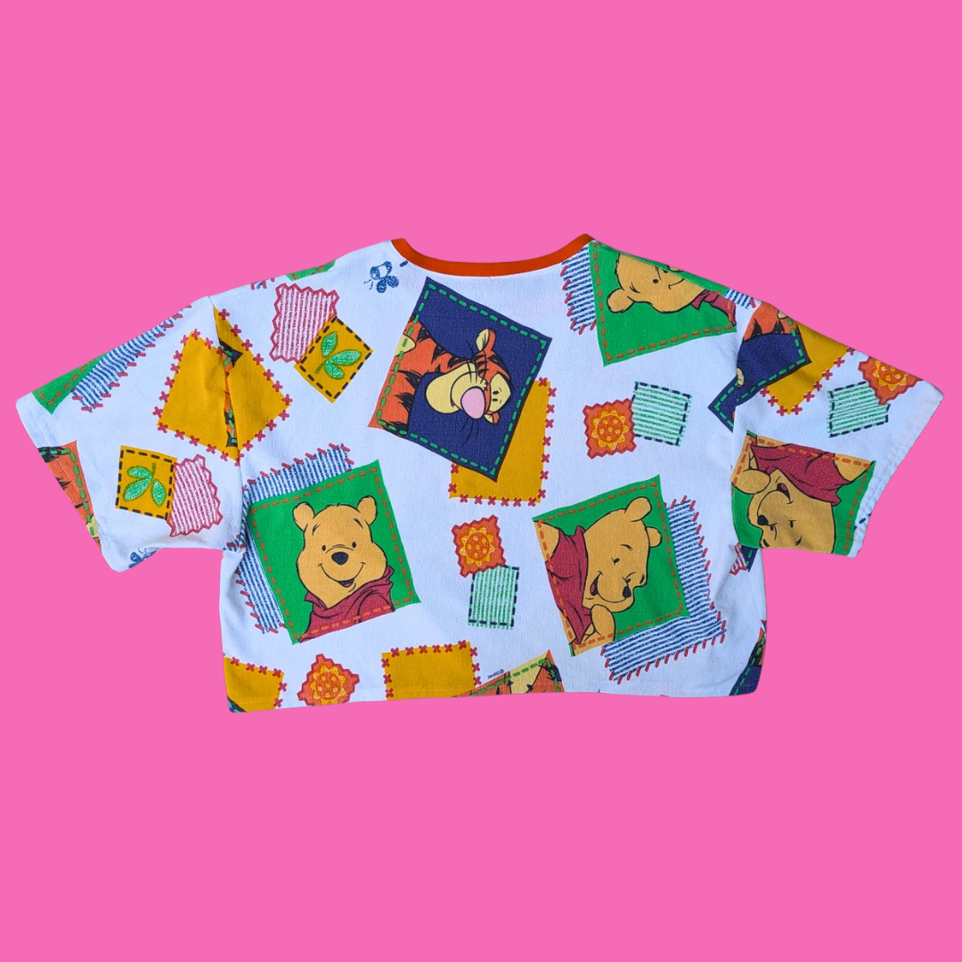 Handmade, Upcycled Walt Disney's Winnie The Pooh Flannel Bedsheet Crop Top Oversized XL, Fitted 2XL