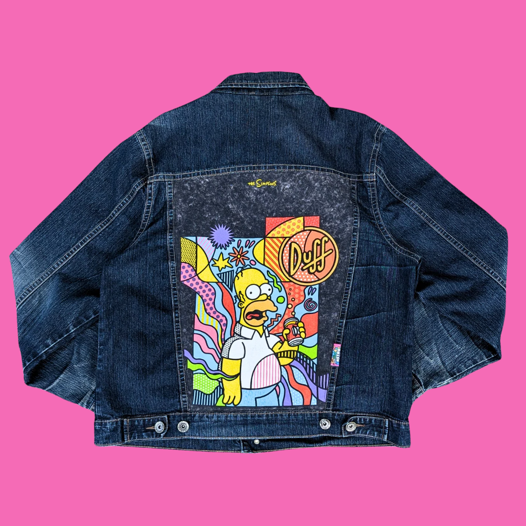 The Simpsons, Omer Simpson + Duff Beer Upcycled T-Shirt Denim Jacket Size L for Men