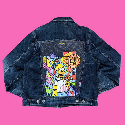 The Simpsons, Omer Simpson + Duff Beer Upcycled T-Shirt Denim Jacket Size L for Men