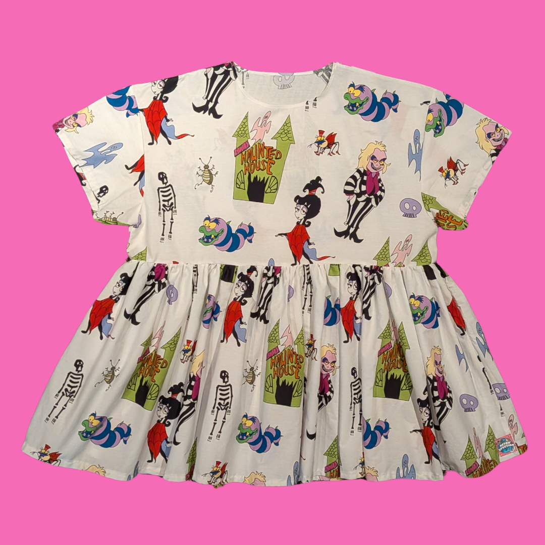 Handmade, Upcycled Beetlejuice Bedsheet Dress Fits an Oversized L-XL or Fitted 2XL