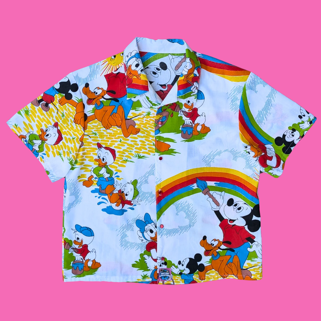 Handmade, Upcycled Walt Disney's Mickey and Friends Bedsheet Button Down Shirt Size L