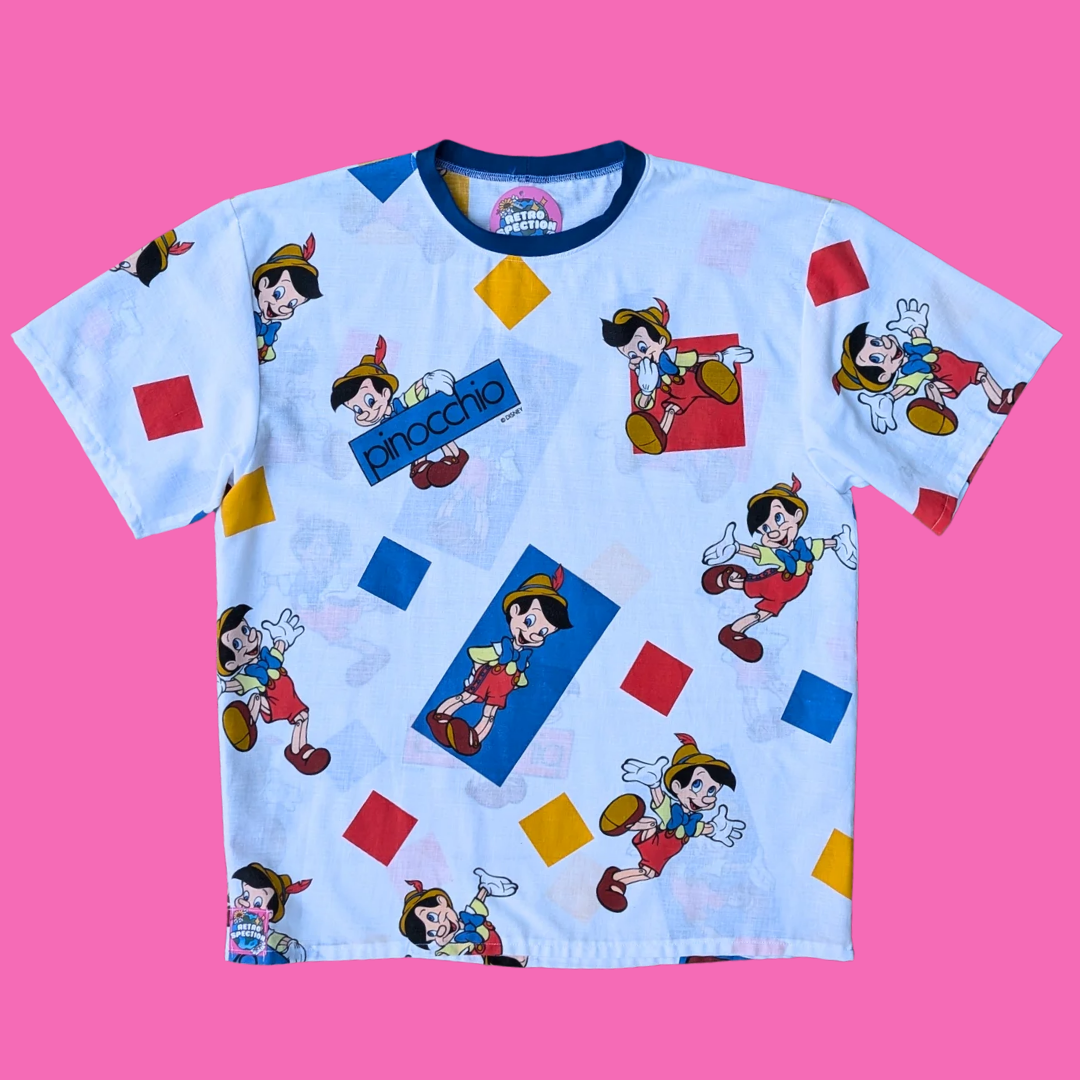 Handmade, Upcycled Walt Disney's Pinocchio Bedsheet T-Shirt Oversized S-M, Fitted L-XL