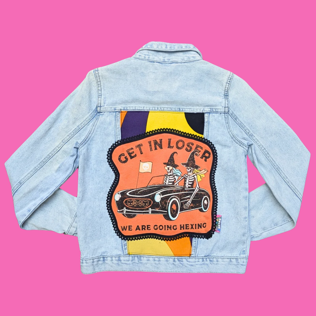 "Get In Loser, We Are Going Hexing" Upcycled T-Shirt Denim Jacket Size S for Women (Size M for Kids)