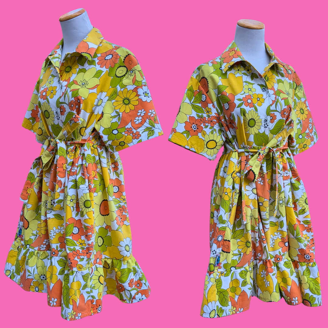 Handmade, Upcycled Vintage Yellow, Orange Floral Bed Sheet Button Down Shirt Dress Size M