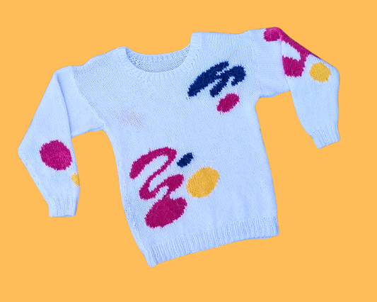 Pull vintage en acrylique blanc des années 1980 avec détails abstraits colorés, taille M