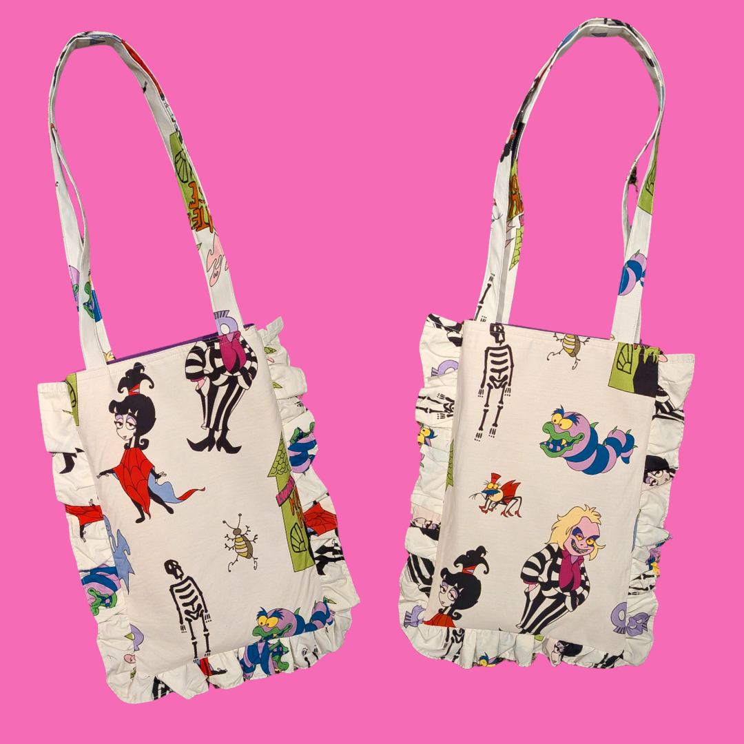 Handmade, Upcycled Beetlejuice Bedsheet Tote Bag