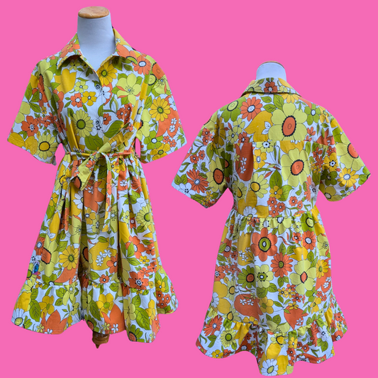 Handmade, Upcycled Vintage Yellow, Orange Floral Bed Sheet Button Down Shirt Dress Size M