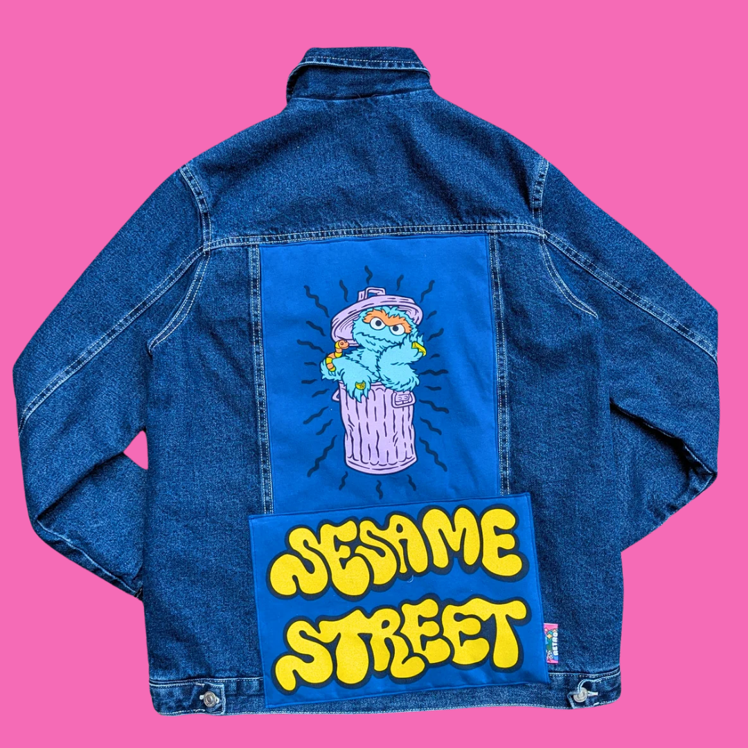 Sesame Street, Oscar The Grouch Upcycled T-Shirt Denim Jacket Size M (13-14 for Kids)