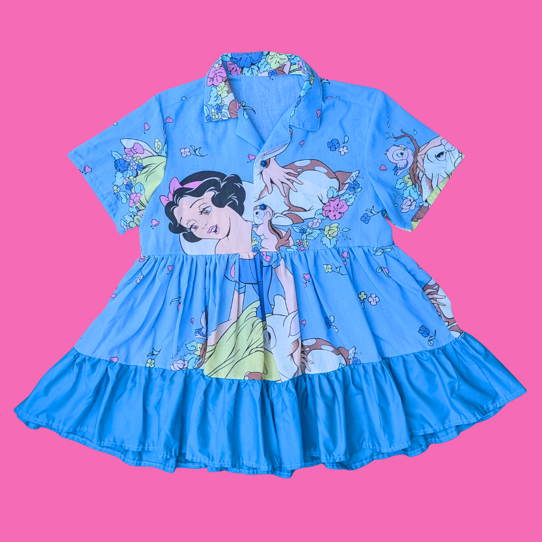 Handmade, Upcycled Walt Disney's Snow White and the Seven Dwarves Bedsheet Button Down Dress Size XL