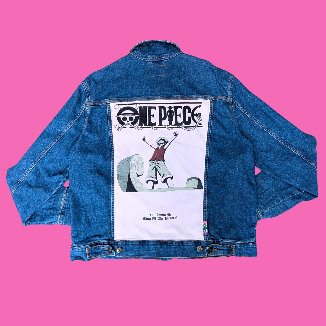 One Piece Upcycled T-Shirt Denim Jacket Size XL
