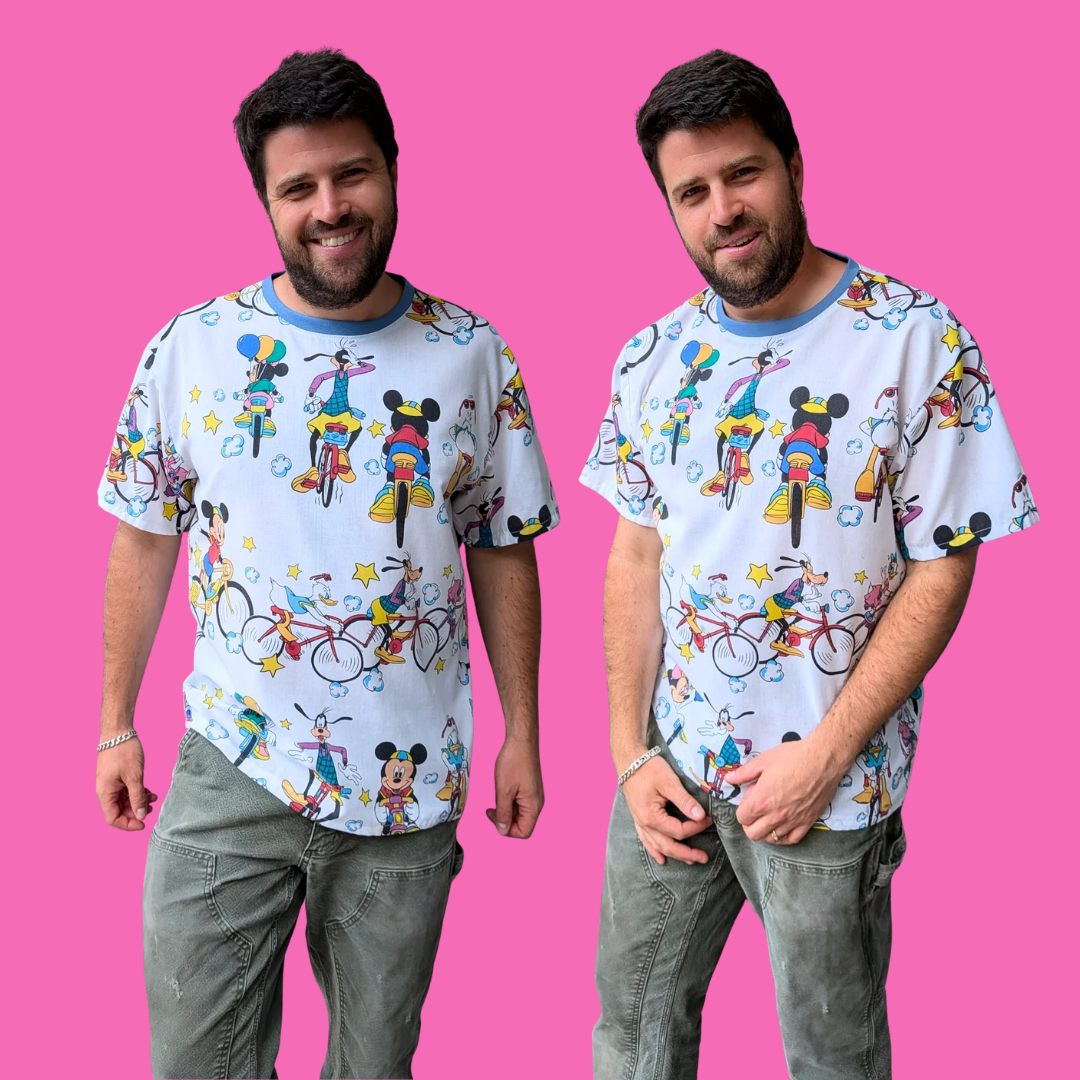 Handmade, Upcycled Walt Disney's Mickey and Friends on Bikes Bedsheet T-Shirt Oversized S-M, Fitted L-XL
